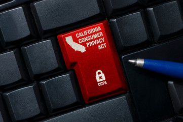 CCPA concept: a black computer keyword with a lock, a California shape and the text California...