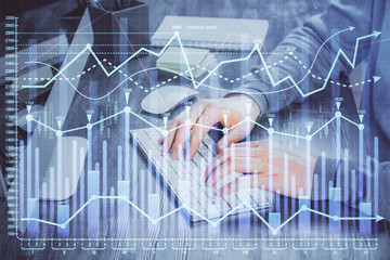 Double exposure of financial graph with man works in office on background. Concept of analysis.