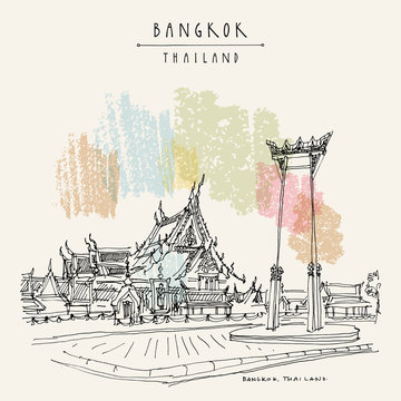 Bangkok, Thailand, Asia. Giant Swing (Sao Ching Cha) and Wat Suthat historical landmarks. Travel sketch. Artistic vintage hand drawn touristic postcard. Vector illustration