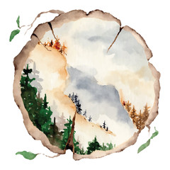 watercolor landscape with pine and fir trees and mountains abstract nature background