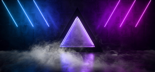 Smoke Fog Steam Triangle Concrete Hallway Garage Studio Night Club Room Cyber City Neon Glowing Purple Blue Phantom Violet Lasers 3D Rendering