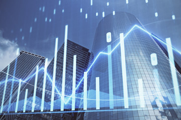 Naklejka na ściany i meble Forex chart on cityscape with skyscrapers wallpaper multi exposure. Financial research concept.