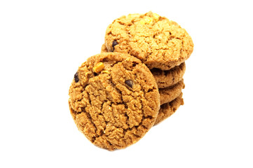 Biscuit with chocolate chip butter,Cashew nut and honey flavored. A stack of crunchy delicious sweet meal and useful cookie. Isolated on white background.