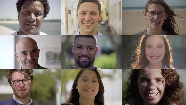Confident diverse people smiling at camera. Split screen collage of various multiethnic men and women standing and looking at camera. Emotion concept