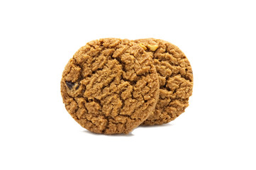 Biscuit with chocolate chip butter,Cashew nut and honey flavored. A stack of crunchy delicious sweet meal and useful cookie. Isolated on white background.