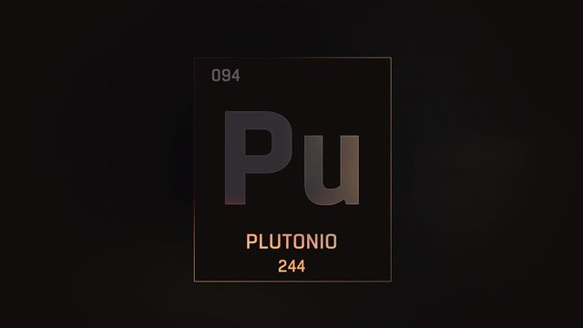 Plutonium as Element 94 of the Periodic Table. Seamlessly looping 3D animation on grey illuminated atom design background with orbiting electrons. Name, atomic weight, element number in Spanish langua