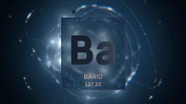 Barium as Element 56 of the Periodic Table. Seamlessly looping 3D animation on blue illuminated atom design background with orbiting electrons. Name, atomic weight, element number in Spanish language