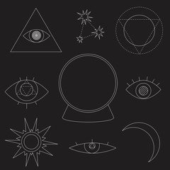 Obraz na płótnie Canvas A outline occultism collection isolated on black background for design, vector stock illustration with objects, evil eye, glass ball for magic, stars, moon and sun for aura testing