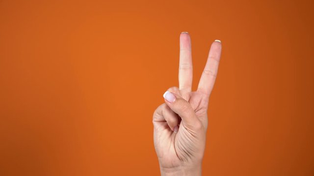 Closeup view of beautiful white female hand counting from zero to five using her 5 fingers twice. Real time 4k video footage.