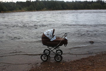 Landscape with a baby carriage on the lake shore with rocks, bushes and pines.