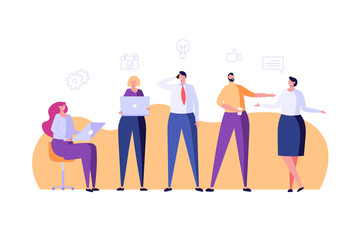 Men and women sitting and standing in office. Team of people at workplace working on solution together. Concept of teamwork, patnership and creative idea. Vector illustration flat design