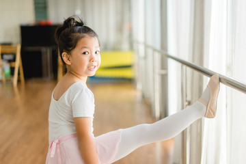 Little ballerinas in ballet studio.Cute little asian girl in a leotard and skirt lifting her leg during a ballet dance class. © MIA Studio