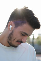 New Apple Airpods Pro outdoor images, showing with a person on-ear. 03.12.2019 Bornova, Izmir, Turkey