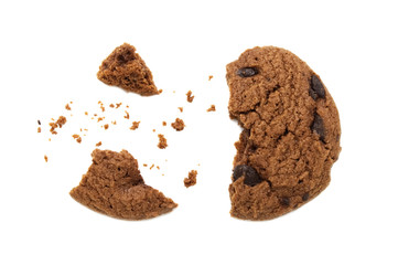 Biscuit with chocolate chip flavored. Some broken and crumbs of crunchy delicious sweet meal and useful cookie. Isolated on white background.