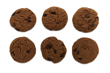 Biscuit with chocolate chip flavored. Same type of crunchy delicious sweet meal and useful cookie. Isolated on white background.