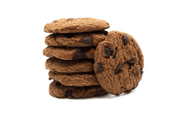 Biscuit with chocolate chip flavored. A stack of crunchy delicious sweet meal and useful cookie. Isolated on white background.