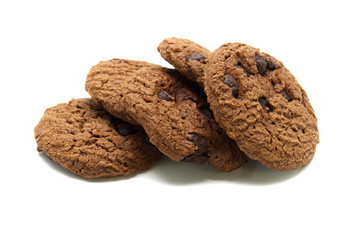 Biscuit with chocolate chip flavored. A stack of crunchy delicious sweet meal and useful cookie. Isolated on white background.