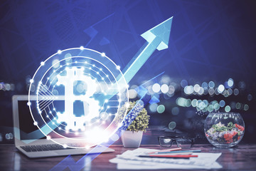 Double exposure of blockchain theme hologram and table with computer background. Concept of bitcoin...