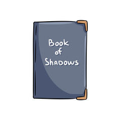 Book of Shadows witchcraft notebook. Wiccan magical personal witch coven diary. Cute cartoon notebook doodle image. Media highlights graphic symbol