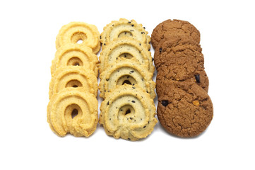 Collection of cookies and biscuit with different flavor, chocolate chip butter, vanilla and black sesame. Isolated on white background.