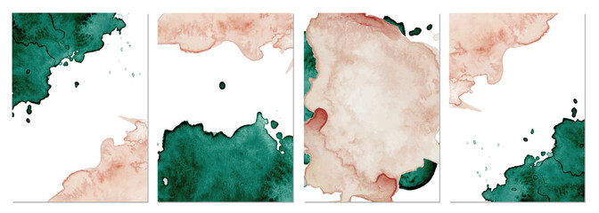 Watercolor abstract green and pink wedding set with hand drawn background.
