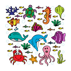 Set of cartoon marine life.