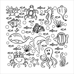 Set of cartoon marine life.