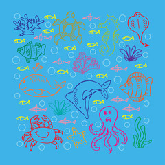 Fototapeta premium Set of cartoon marine life.