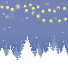 Christmas background with light bulbs and firs \ Vector illustration, winter banner. Eps 10.