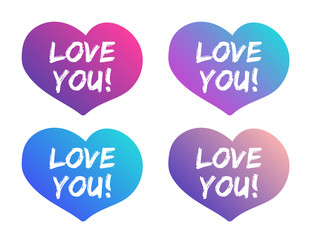 love you lettering on hearts color vector illustrations. Trendy color gradient heart shapes with love you lettering vector illustration. Valentine day icons. Love and relationships concept