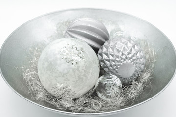 christmas decoration christmas balls in bowl with angle hair