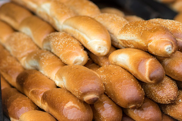 Fresh and crispy rolls. Delicious golden baguettes that smell wonderful! In the Mahane Yehuda market in Jerusalem.