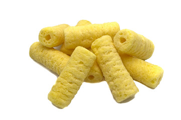Handful of sweet crunchy corn sticks, snacks isolated on white background.