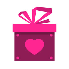 Gift box with heart. Color flat vector illustration isolated on white background. Gift box with rivets, pink bow and heart stock vector icon for Valentines day, Mothers day, Birthday and wedding