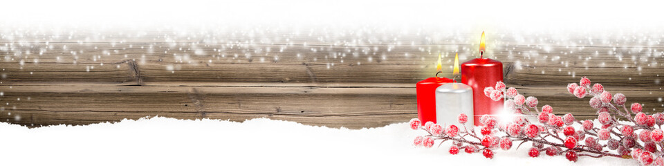 Red Candles Bauble Branch on Wooden Background