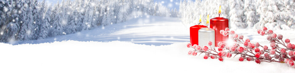 Red Candles and Bauble Branch on Winter Forest Background