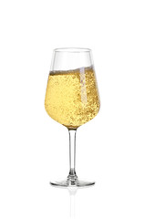 Glass of white wine isolated on white background. The wine boils in the glass.