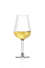 Glass of white wine isolated on white background. The wine boils in the glass.