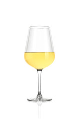A glass of white wine half filled, isolated on a white background.