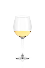 A glass of white wine half filled, isolated on a white background.