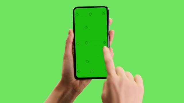 Template for cell phone sreen with green and green background. The screen has track marks, right hand points once and than swipes.
