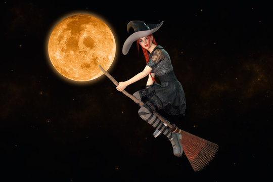 Witch flying on broom in night sky with moon. Elements of this image furnished by NASA. 3D rendering.