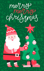 Santa Claus decorates a Christmas tree. Vector illustration.