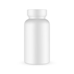Plastic pills bottle mockup isolated on white background. Vector illustration