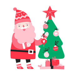 Santa Claus decorates a Christmas tree. Vector illustration.