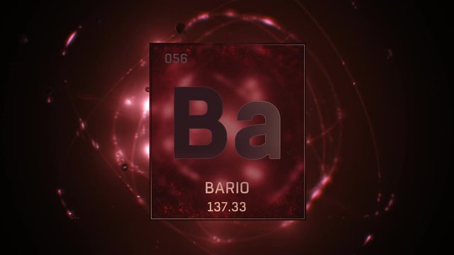 Barium as Element 56 of the Periodic Table. Seamlessly looping 3D animation on red illuminated atom design background with orbiting electrons. Name, atomic weight, element number in Spanish language
