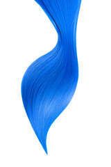 Blue shiny hair on white background, isolated. Long ponytail