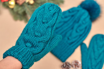 set of hat and mittens, handmade with New Year's decor