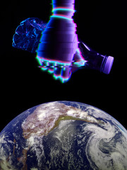 Robots hand with plastic bottle above the Earth. Technology for nature protection. Photo of Earth...
