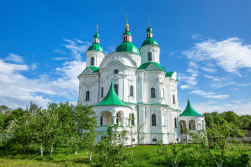 Beautiful white green-domed orthodox church in Ukrainian town of Kozelets